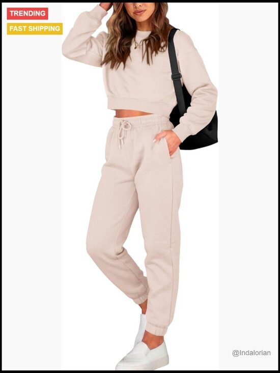 Pants - Cotton Polyester Long Sleeve Crop Top Jogger Set with Pockets
